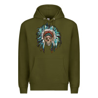 Army Green indian headdress with native american skull Premium Hoodie - RanaPortraitStore