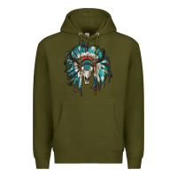 Army Green indian headdress with bull skull Premium Hoodie - RanaPortraitStore