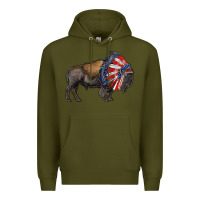 Army Green american bison with indian headdress Premium Hoodie - RanaPortraitStore