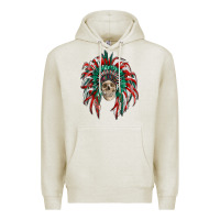 Oatmeal Heather mexican flag indian headdress with  skull Premium Hoodie - RanaPortraitStore