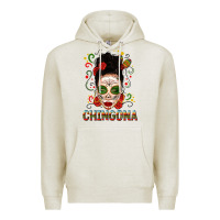 Oatmeal Heather Mexicana Skull Girl Messy Bun Premium Hoodie - texasbilliewilder