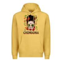 Antique Gold Mexicana Skull Girl Messy Bun Premium Hoodie - texasbilliewilder