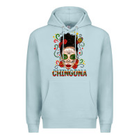 Blue Mist Mexicana Skull Girl Messy Bun Premium Hoodie - texasbilliewilder