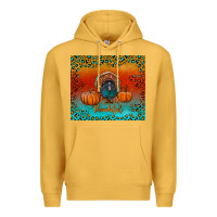Mustard thankful with turkey and pumpkins Premium Hoodie - RanaPortraitStore