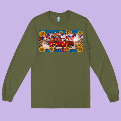 4th Of July Truck Cow License Plate Long Sleeve Tee Designed By Barkaloodesign