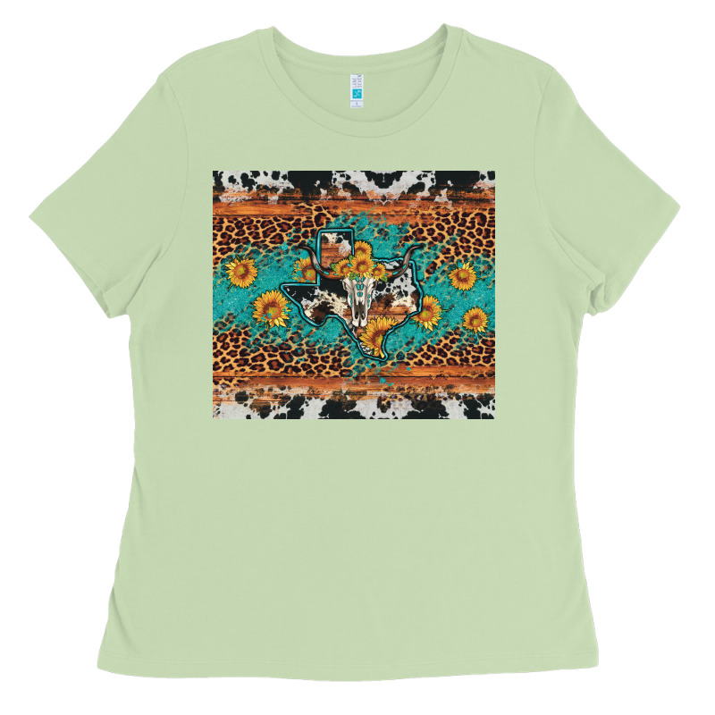 Bull Skull Texas Map Sunflower Leopard Cowhide Ladies Tee by Artiststas | Teevron