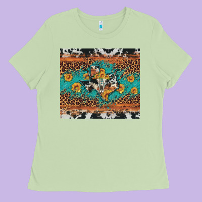 Bull Skull Texas Map Sunflower Leopard Cowhide Ladies Tee Designed By Artiststas