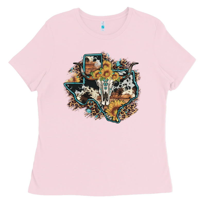Bull Skull Leopard Cowhide Sunflower Texas Map Ladies Tee by Artiststas | Teevron