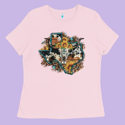 Bull Skull Leopard Cowhide Sunflower Texas Map Ladies Tee Designed By Artiststas