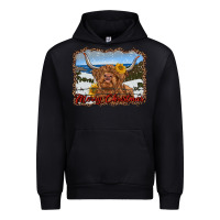 Black merry christmas highland cow with farm Urban Hoodie - RanaPortraitStore