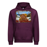 Mauve Wine merry christmas highland cow with farm Urban Hoodie - RanaPortraitStore