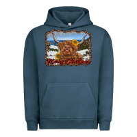 Pigment Midnight Navy merry christmas highland cow with farm Urban Hoodie - RanaPortraitStore