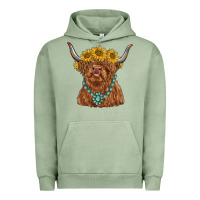 Pigment Oil Green highland cow with sunflower and gemstone Urban Hoodie - RanaPortraitStore