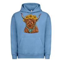 Pigment Pebble Blue highland cow with sunflower and gemstone Urban Hoodie - RanaPortraitStore