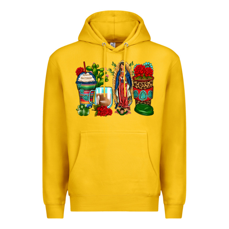 Lady Of Guadalupe Coffee Cups Premium Hoodie by Zillion Design Studio | Teevron
