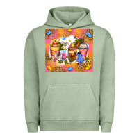 Pigment Oil Green cartoon characters coffee cups Urban Hoodie - Zillion Design Studio