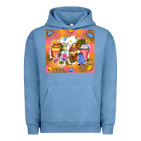 Pigment Pebble Blue cartoon characters coffee cups Urban Hoodie - Zillion Design Studio