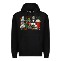 Black Christmas cartoon characters coffee cups Premium Hoodie - Zillion Design Studio