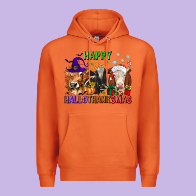 Happy Hallothanksmas With Cow Premium Hoodie Designed By Texasbilliewilder