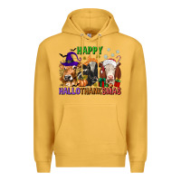 Mustard happy hallothanksmas with cow Premium Hoodie - texasbilliewilder