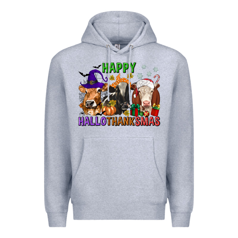 Happy Hallothanksmas With Cow Premium Hoodie by texasbilliewilder | Teevron