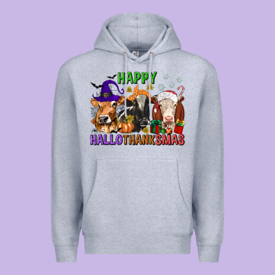 Happy Hallothanksmas With Cow Premium Hoodie Designed By Texasbilliewilder