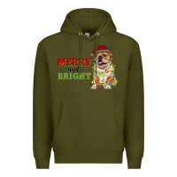 Army Green merry and bright english bulldog Premium Hoodie - RanaPortraitStore