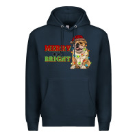 Navy merry and bright english bulldog Premium Hoodie - RanaPortraitStore
