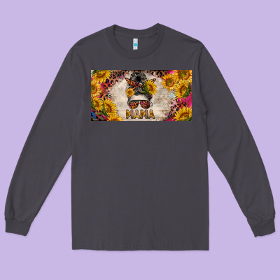 Mess Bun Mama With Sunflowers And Colorful Leopard License Plate Long Sleeve Tee Designed By Barkaloodesign