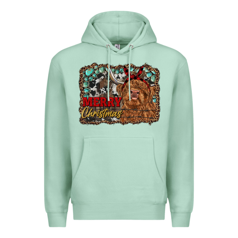 Merry Christmas Highland Cow Premium Hoodie by RanaPortraitStore | Teevron