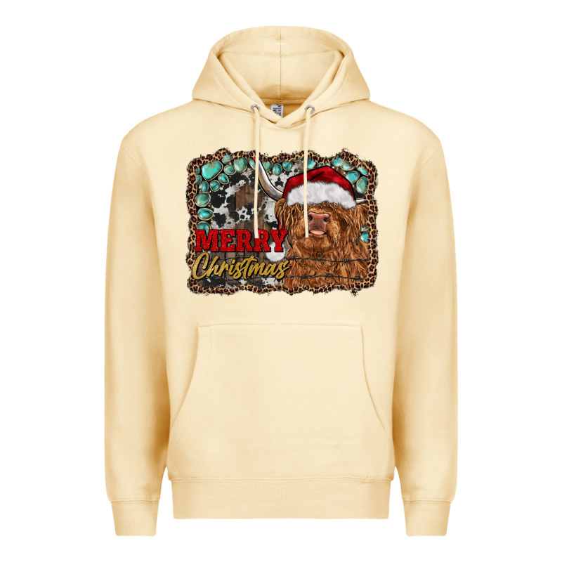 Merry Christmas Highland Cow Premium Hoodie by RanaPortraitStore | Teevron