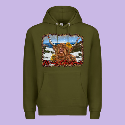 Merry Christmas Highland Cow With Farm Premium Hoodie Designed By Ranaportraitstore