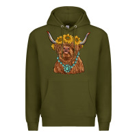 Army Green highland cow with sunflower and gemstone Premium Hoodie - RanaPortraitStore