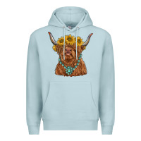 Blue Mist highland cow with sunflower and gemstone Premium Hoodie - RanaPortraitStore