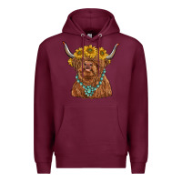 Burgundy highland cow with sunflower and gemstone Premium Hoodie - RanaPortraitStore