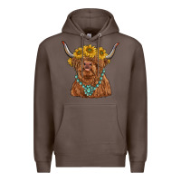 Coffee highland cow with sunflower and gemstone Premium Hoodie - RanaPortraitStore