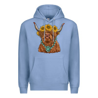 Colony Blue highland cow with sunflower and gemstone Premium Hoodie - RanaPortraitStore
