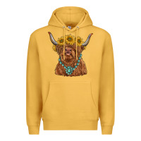 Mustard highland cow with sunflower and gemstone Premium Hoodie - RanaPortraitStore