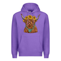 Purple highland cow with sunflower and gemstone Premium Hoodie - RanaPortraitStore