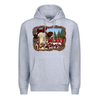 Heather Grey merry christmas heifer cow with farm Premium Hoodie - RanaPortraitStore