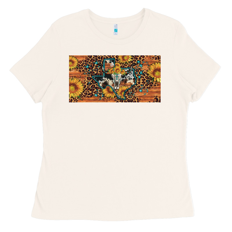 Texas Map Bull Skull Sunflower Leopard Licence Plate Ladies Tee by Artiststas | Teevron