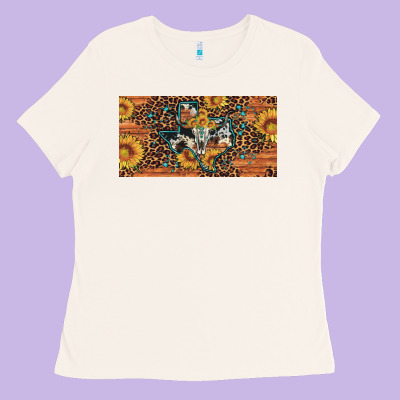 Texas Map Bull Skull Sunflower Leopard Licence Plate Ladies Tee Designed By Artiststas