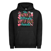 Pigment Black she works willingly with her hands Urban Hoodie - texasbilliewilder
