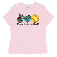 Bubblegum Pink peace love softball Ladies Tee - Artiststas