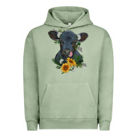 Pigment Oil Green baby cow black angus calf with flowers Urban Hoodie - RanaPortraitStore
