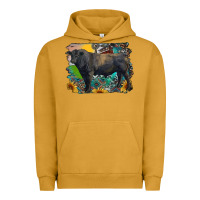 Pigment Peanut Butter black angus bull with aztec and farm background Urban Hoodie - RanaPortraitStore