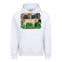 White charolais bull black angus cattle and bull with barnyard and cowhide Urban Hoodie - RanaPortraitStore