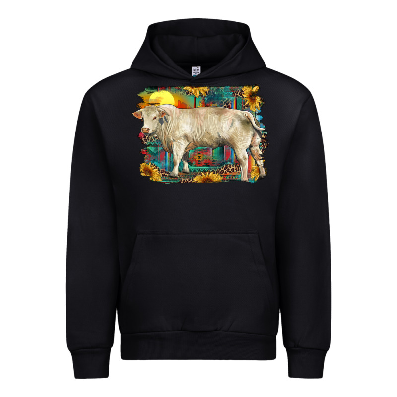 Western Charolais Bull And Aztec Sunflower Background Urban Hoodie by RanaPortraitStore | Teevron