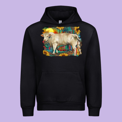 Western Charolais Bull And Aztec Sunflower Background Urban Hoodie Designed By Ranaportraitstore