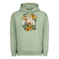 Pigment Oil Green charolais cattle with sunflowers Urban Hoodie - RanaPortraitStore